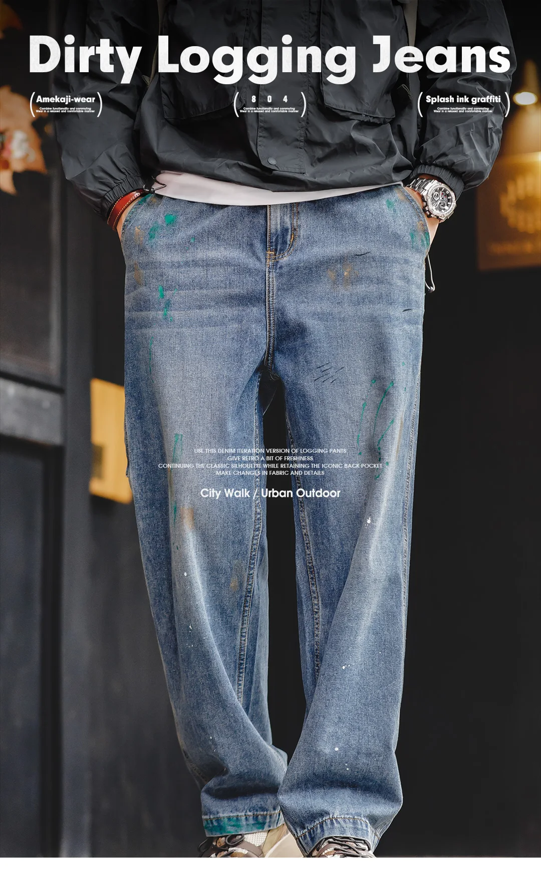 Maden Light Blue Splash-ink Graffiti Jeans for Men 9.2OZ Slub-textured Washed Straight Leg Logging Pants Autumn Streetwear Jeans