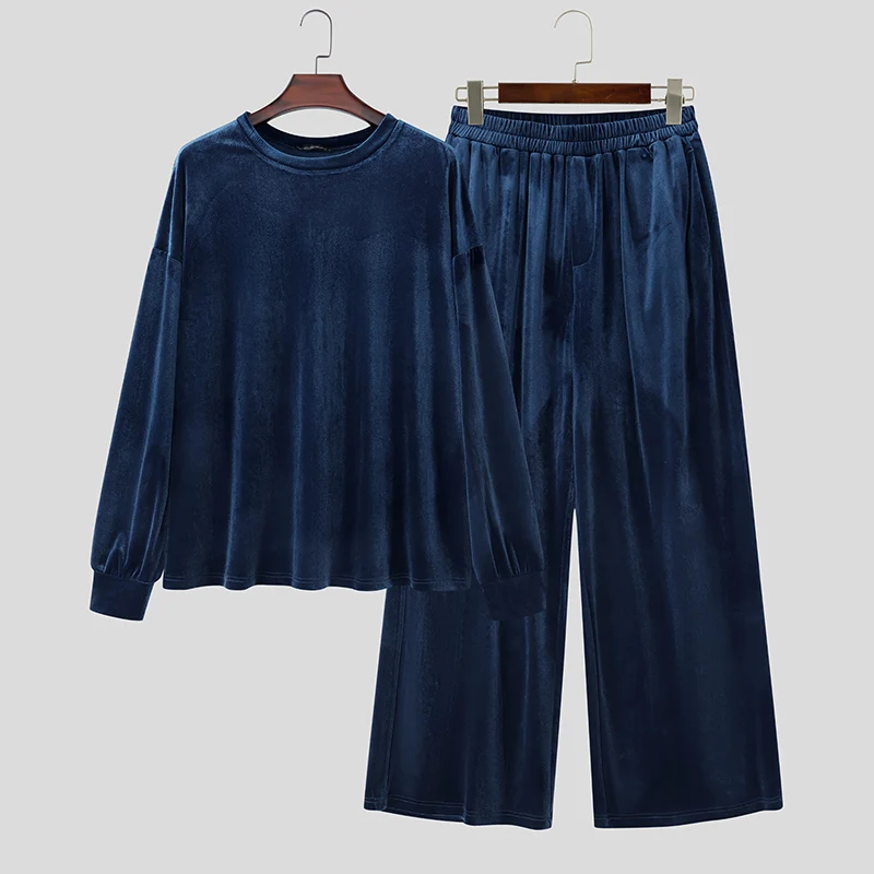INCERUN Men's Sets Solid Velour Shiny Long Sleeve T Shirt Pants Two Piece Sets Streetwear Loose 2026 Fashion Men Matching Sets