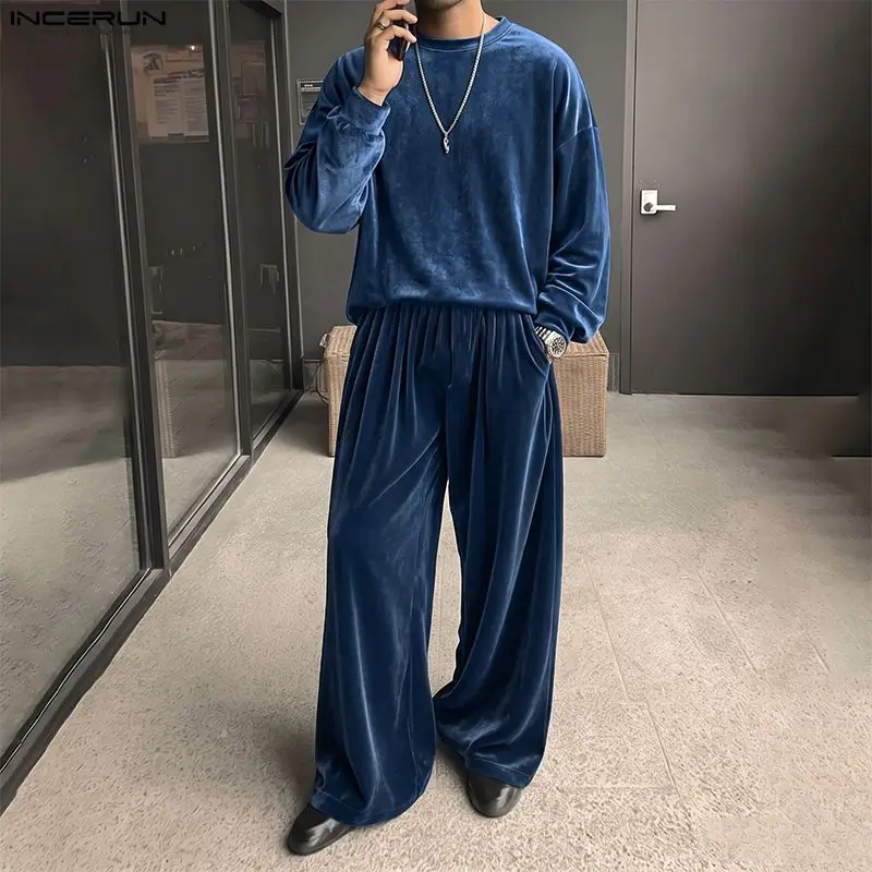 INCERUN Men's Sets Solid Velour Shiny Long Sleeve T Shirt Pants Two Piece Sets Streetwear Loose 2026 Fashion Men Matching Sets