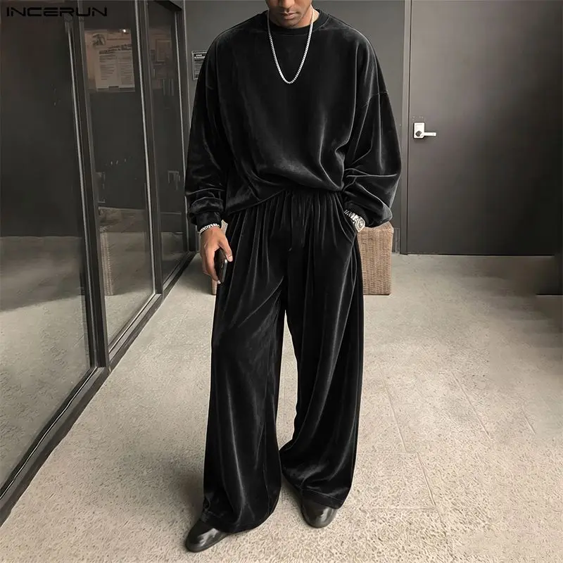 INCERUN Men's Sets Solid Velour Shiny Long Sleeve T Shirt Pants Two Piece Sets Streetwear Loose 2026 Fashion Men Matching Sets