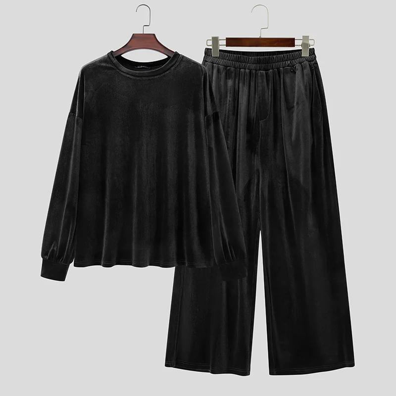 INCERUN Men's Sets Solid Velour Shiny Long Sleeve T Shirt Pants Two Piece Sets Streetwear Loose 2026 Fashion Men Matching Sets