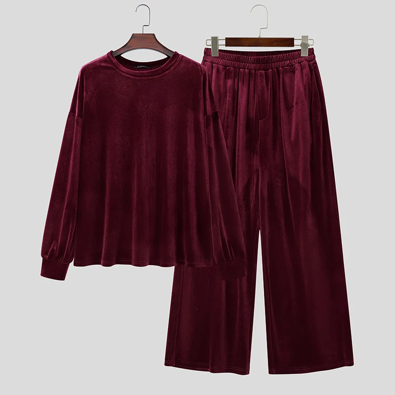 INCERUN Men's Sets Solid Velour Shiny Long Sleeve T Shirt Pants Two Piece Sets Streetwear Loose 2026 Fashion Men Matching Sets