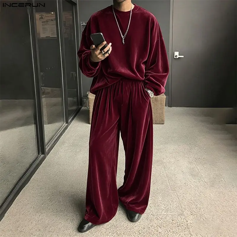 INCERUN Men's Sets Solid Velour Shiny Long Sleeve T Shirt Pants Two Piece Sets Streetwear Loose 2026 Fashion Men Matching Sets
