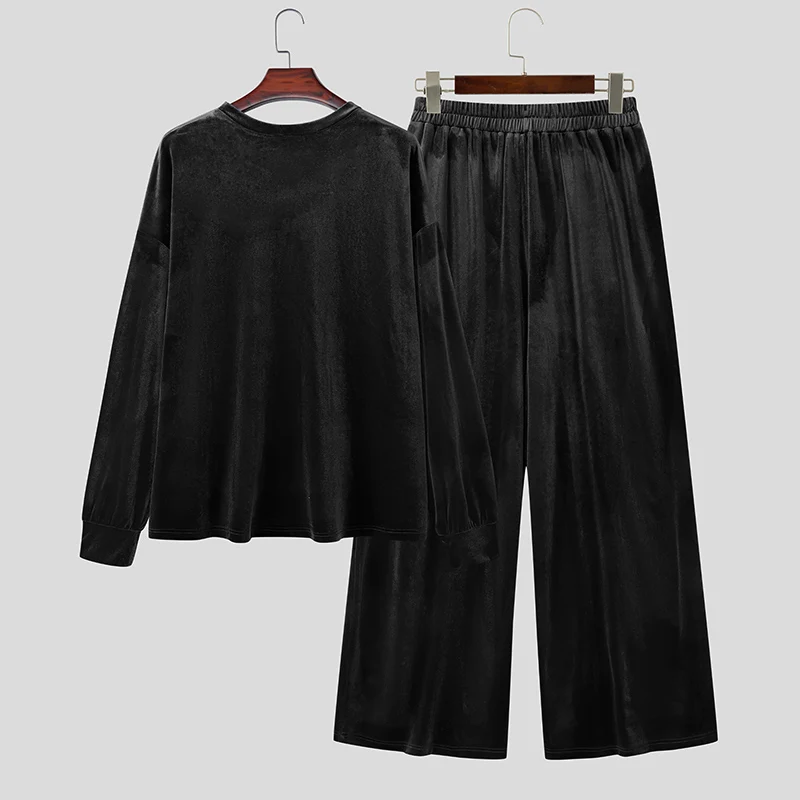 INCERUN Men's Sets Solid Velour Shiny Long Sleeve T Shirt Pants Two Piece Sets Streetwear Loose 2026 Fashion Men Matching Sets