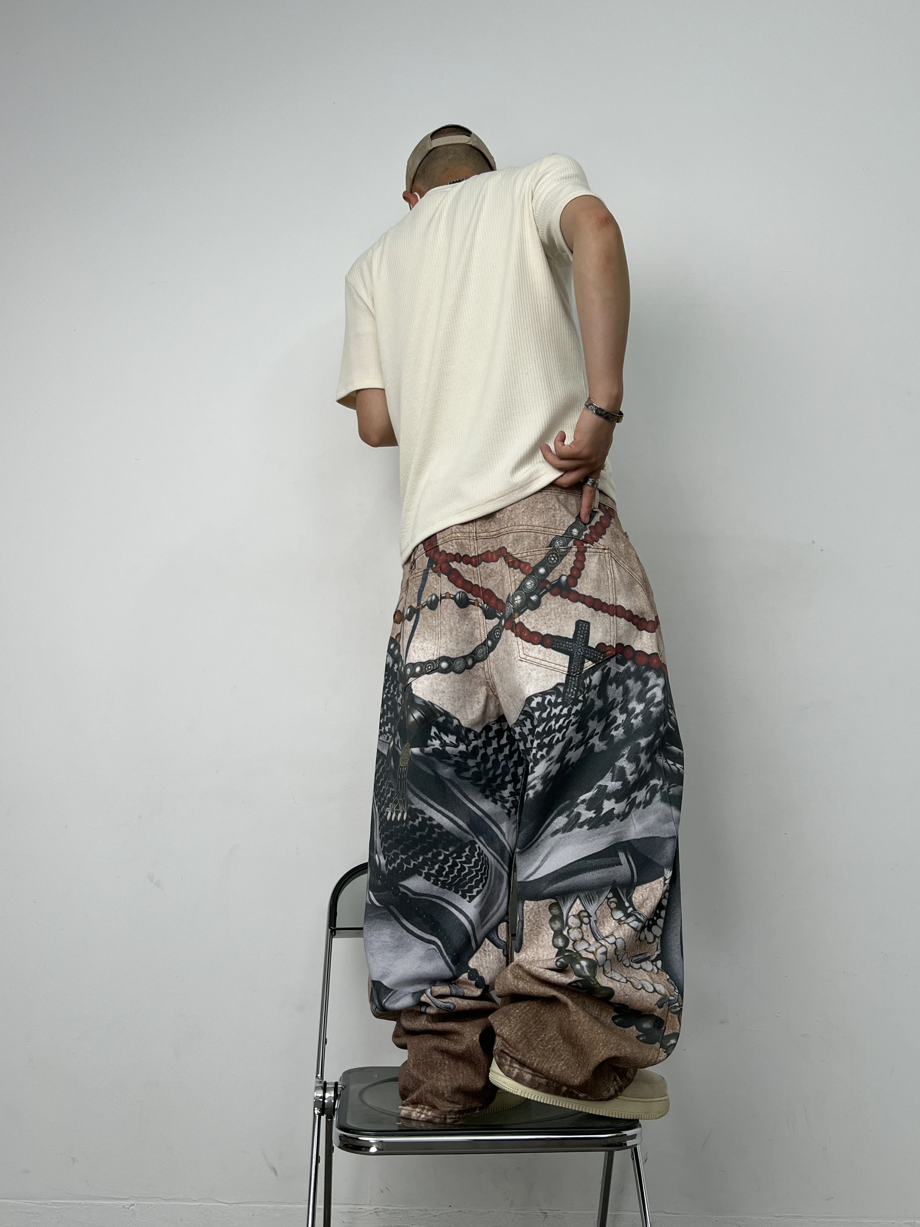 Men's Loose Wide-Leg Jeans With American High Street 3D Chain Print, Y2K Street Hip-Hop Trendy Versatile Pants
