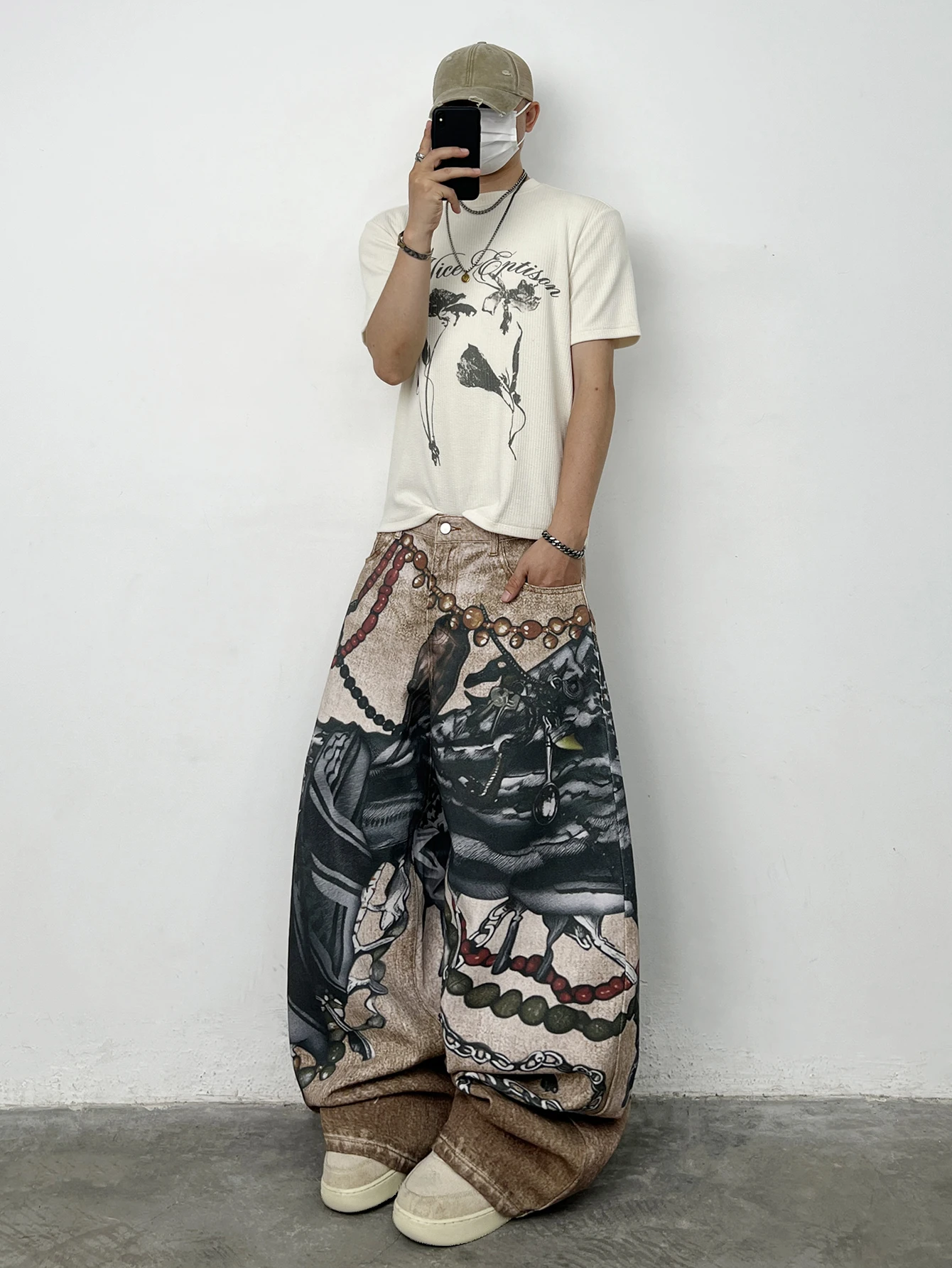 Men's Loose Wide-Leg Jeans With American High Street 3D Chain Print, Y2K Street Hip-Hop Trendy Versatile Pants
