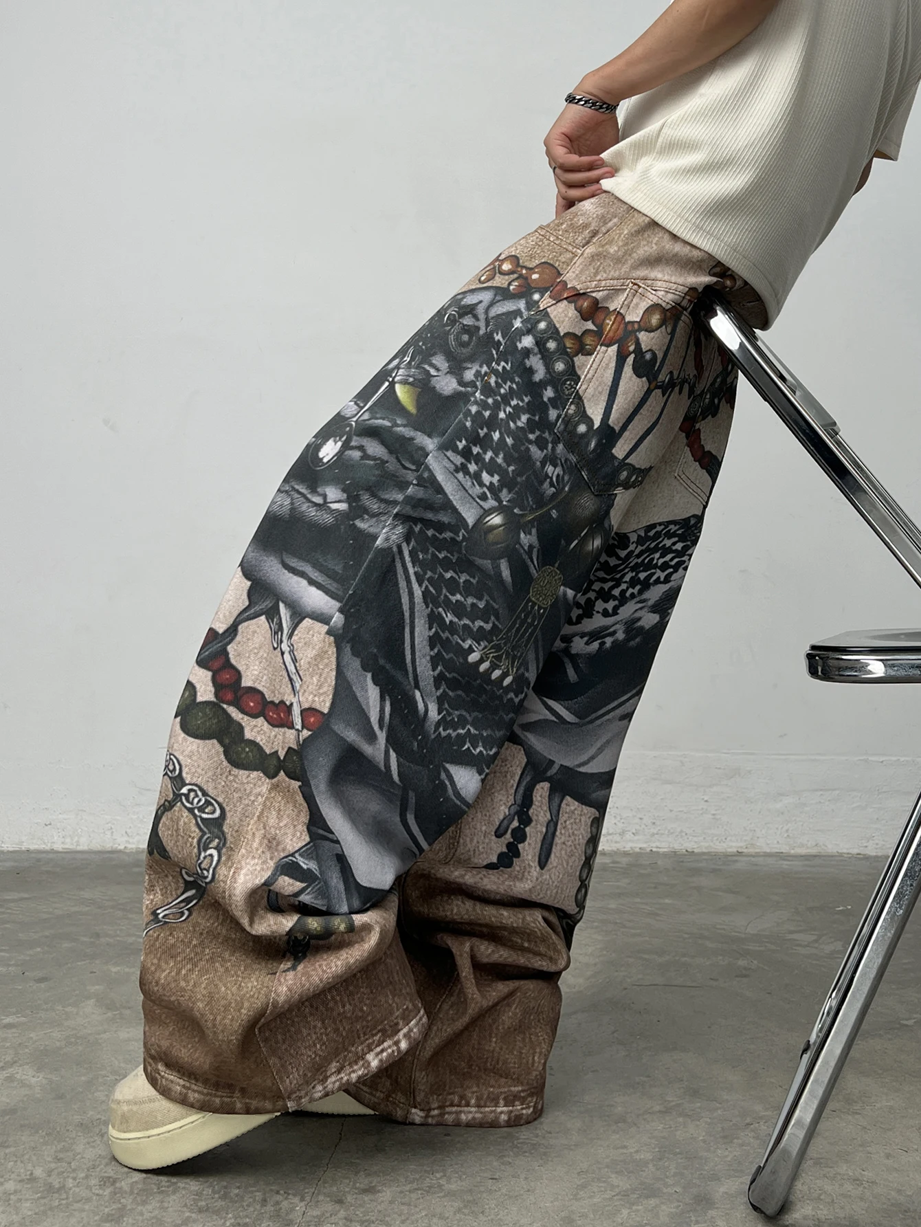 Men's Loose Wide-Leg Jeans With American High Street 3D Chain Print, Y2K Street Hip-Hop Trendy Versatile Pants