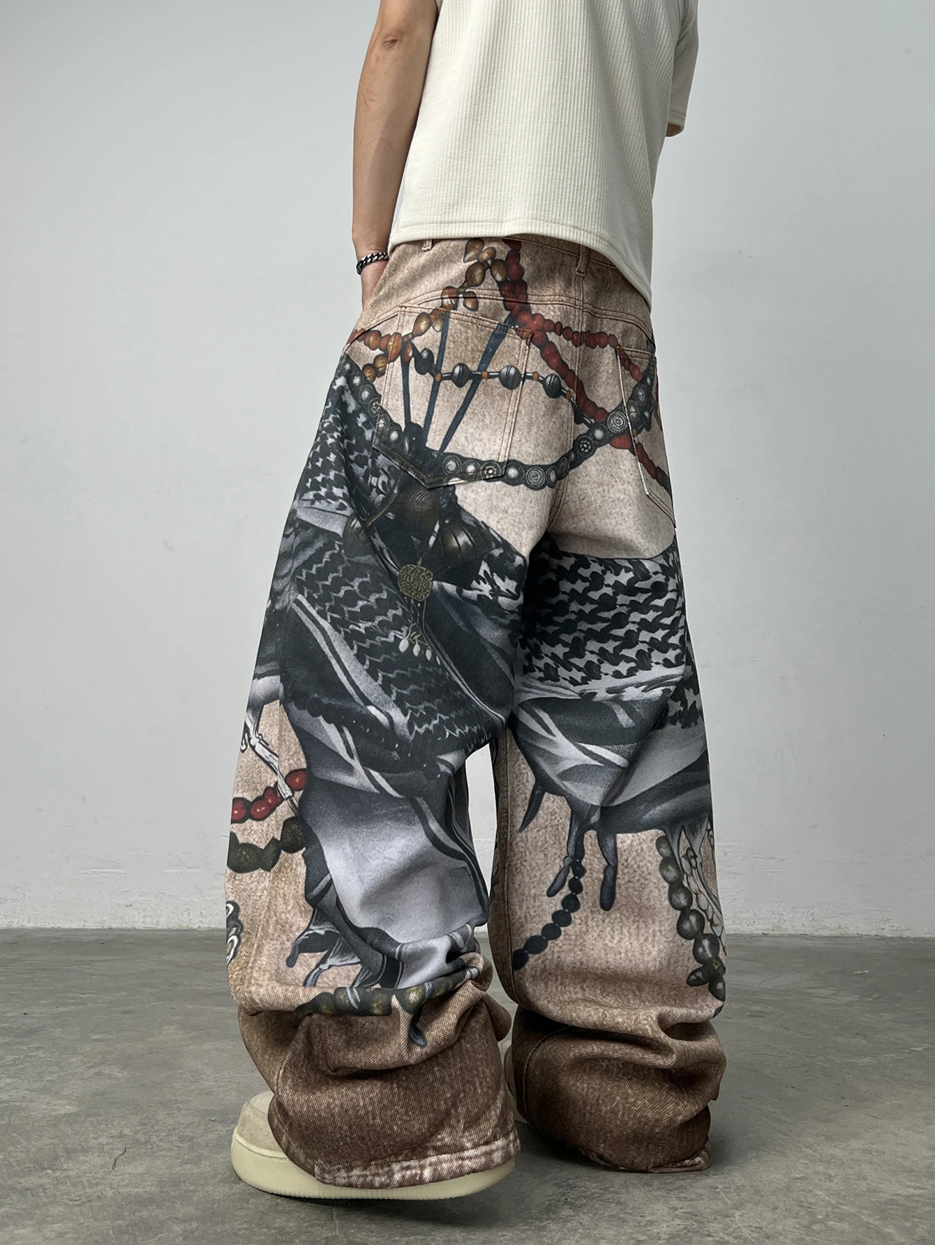 Men's Loose Wide-Leg Jeans With American High Street 3D Chain Print, Y2K Street Hip-Hop Trendy Versatile Pants