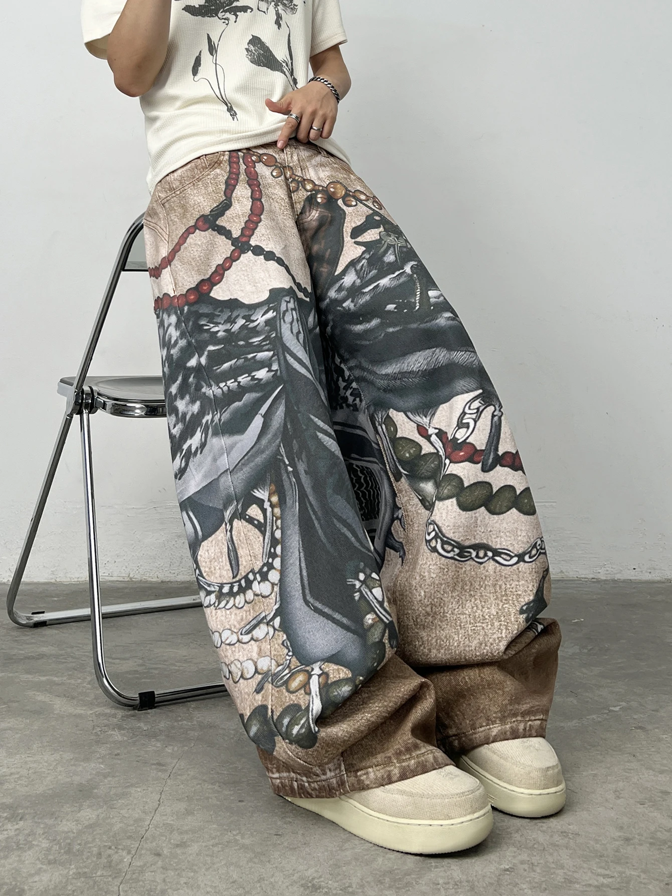 Men's Loose Wide-Leg Jeans With American High Street 3D Chain Print, Y2K Street Hip-Hop Trendy Versatile Pants