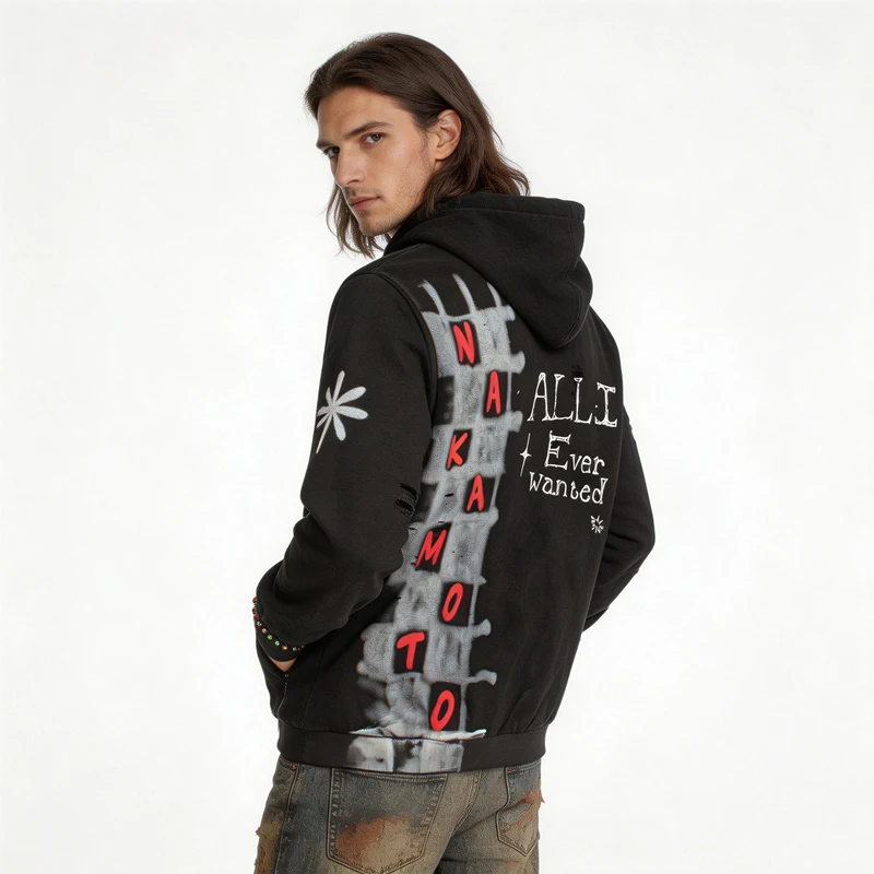 New Arrival SATOSHI NAKAMOTO Unisex Zip Hoodie Checkered Graffiti Star Rhinestone Oversized Hip‑Hop Jacket