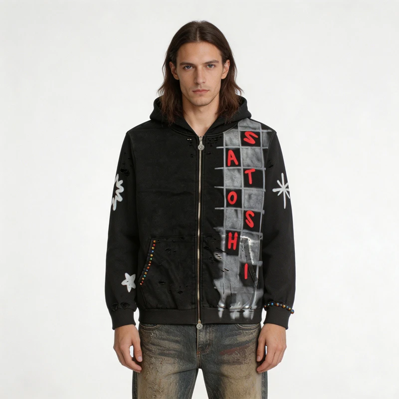 New Arrival SATOSHI NAKAMOTO Unisex Zip Hoodie Checkered Graffiti Star Rhinestone Oversized Hip‑Hop Jacket
