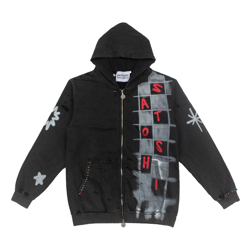 New Arrival SATOSHI NAKAMOTO Unisex Zip Hoodie Checkered Graffiti Star Rhinestone Oversized Hip‑Hop Jacket