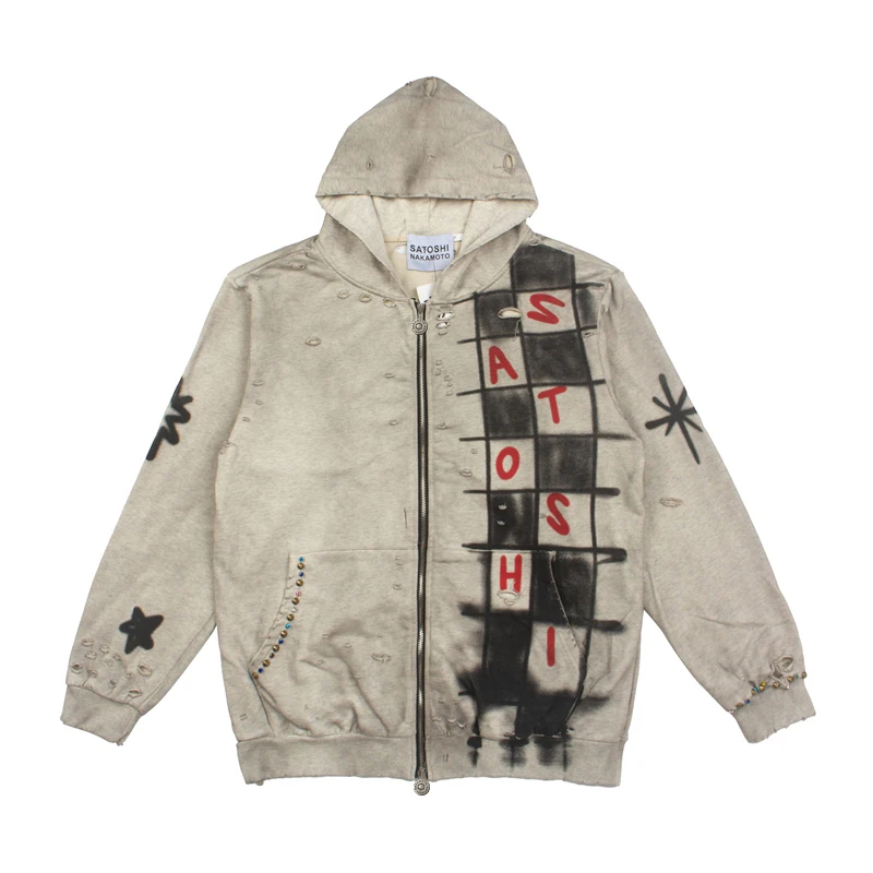 New Arrival SATOSHI NAKAMOTO Unisex Zip Hoodie Checkered Graffiti Star Rhinestone Oversized Hip‑Hop Jacket