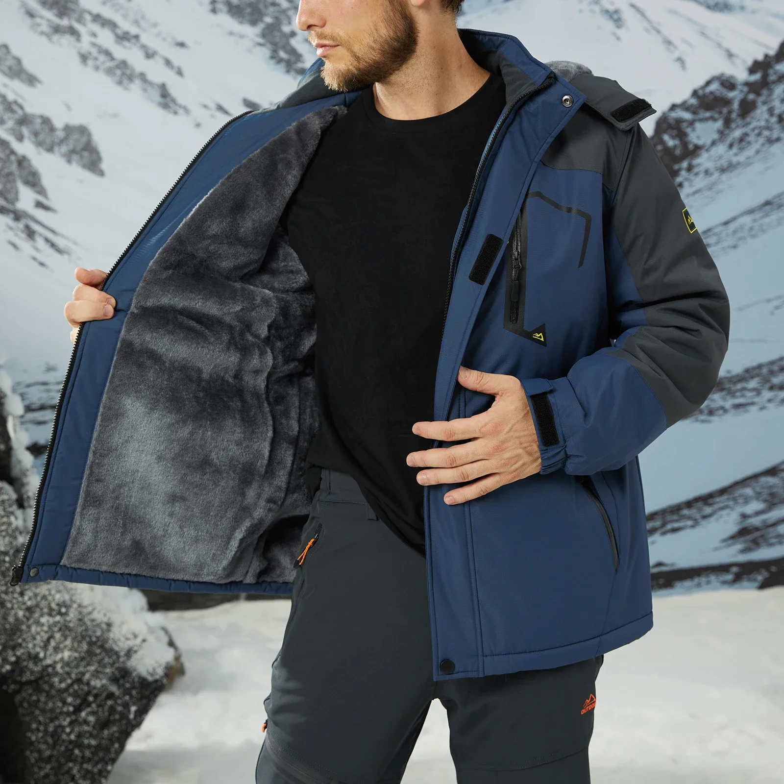 KEFITEVD Men's Winter Ski Jacket Waterproof Warm Thick Fleece Hiking Jackets Raincoats Snow Jacket Coats Windbreaker Man Parka