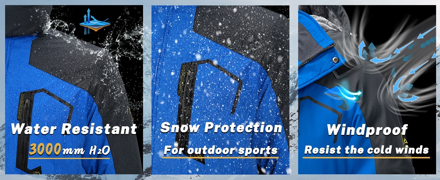 KEFITEVD Men's Winter Ski Jacket Waterproof Warm Thick Fleece Hiking Jackets Raincoats Snow Jacket Coats Windbreaker Man Parka