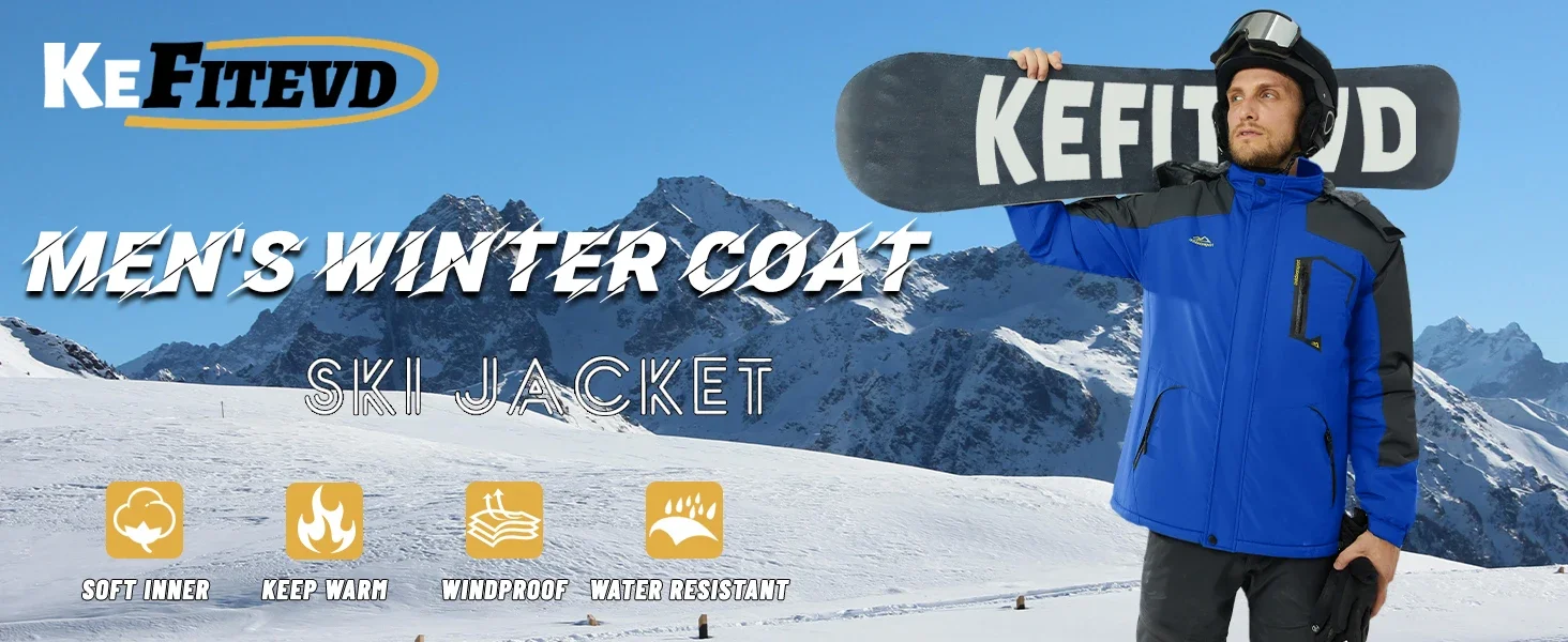 KEFITEVD Men's Winter Ski Jacket Waterproof Warm Thick Fleece Hiking Jackets Raincoats Snow Jacket Coats Windbreaker Man Parka