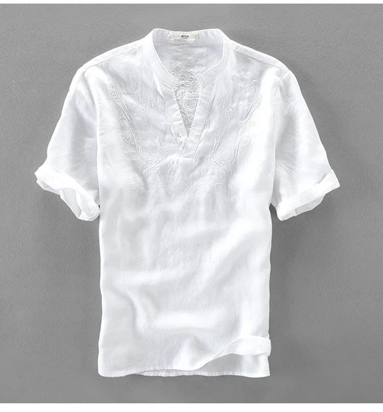 Italy brand linen shirts for men summer solid white flax shirts mens embroidery casual men shirt large size shirts male camiseta