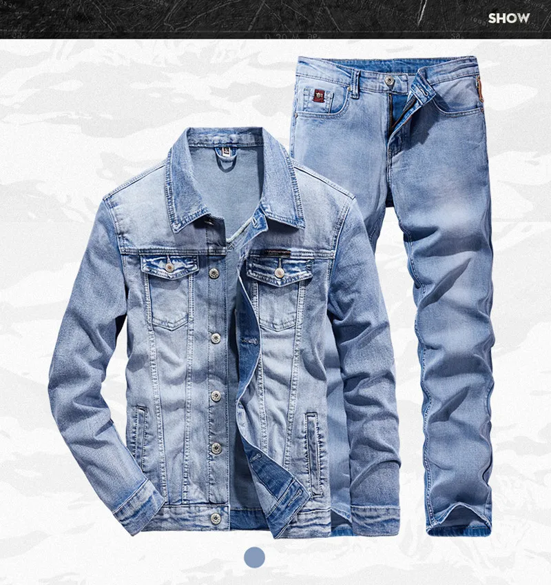 Men's Denim Jacket Jeans Pants Letters Printing Long Coat Trousers 2 Pcs Set Casual Single Breasted