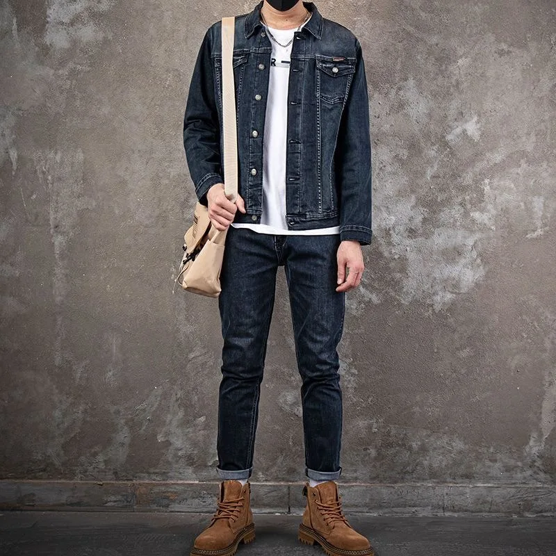 Men's Denim Jacket Jeans Pants Letters Printing Long Coat Trousers 2 Pcs Set Casual Single Breasted