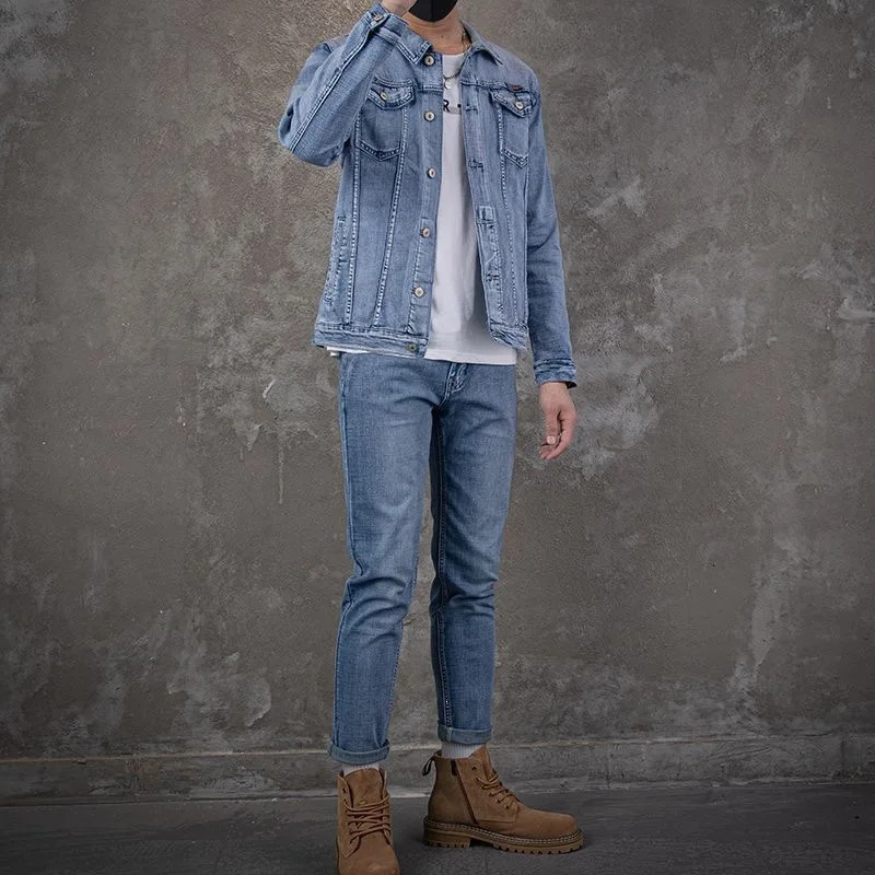 Men's Denim Jacket Jeans Pants Letters Printing Long Coat Trousers 2 Pcs Set Casual Single Breasted
