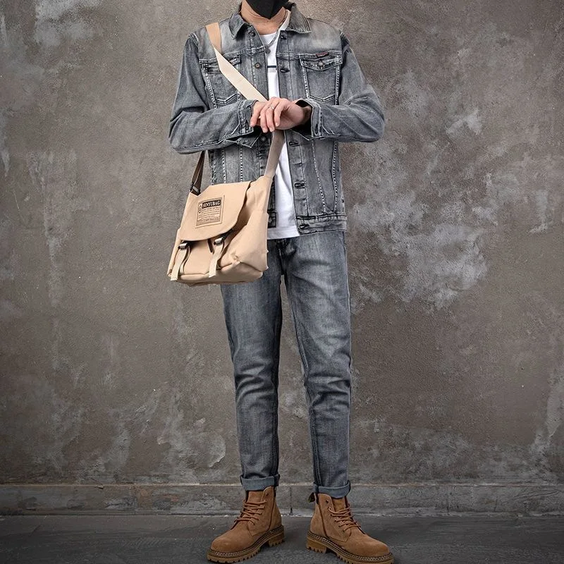 Men's Denim Jacket Jeans Pants Letters Printing Long Coat Trousers 2 Pcs Set Casual Single Breasted