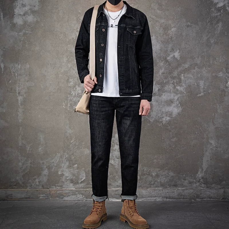 Men's Denim Jacket Jeans Pants Letters Printing Long Coat Trousers 2 Pcs Set Casual Single Breasted
