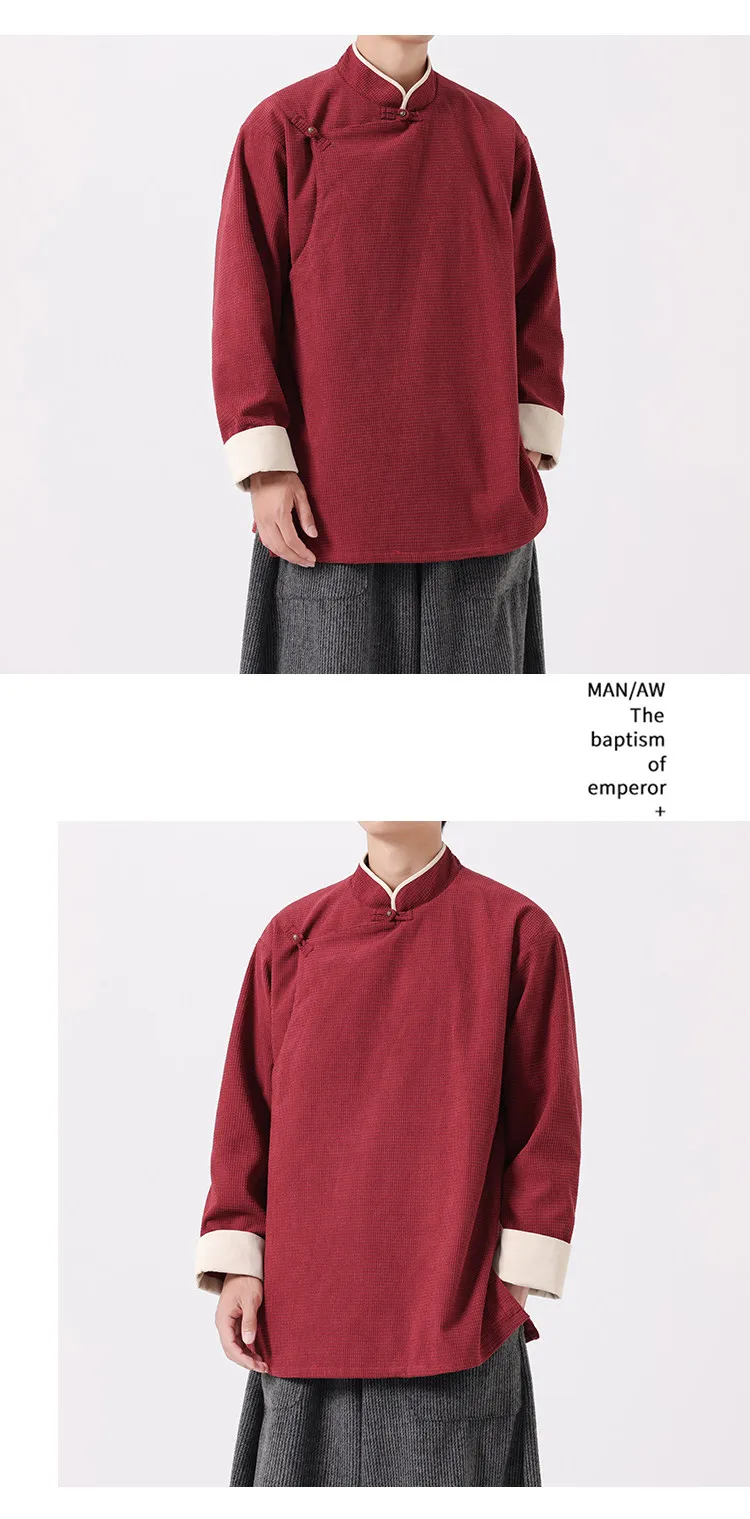 Autumn Winter Chinese Style Stand-up Collar Slanted Hanfu Jacket Loose Tang Jacket Chinese Retro Kung Fu Tai Chi Jacket Mens Top