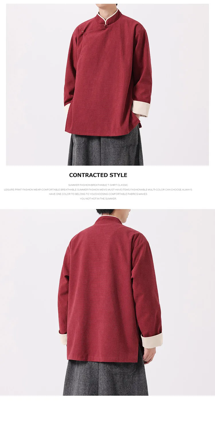 Autumn Winter Chinese Style Stand-up Collar Slanted Hanfu Jacket Loose Tang Jacket Chinese Retro Kung Fu Tai Chi Jacket Mens Top