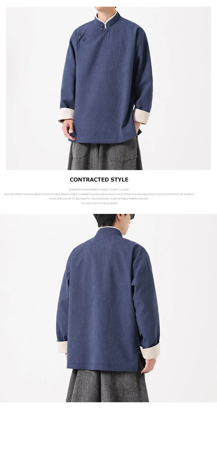 Autumn Winter Chinese Style Stand-up Collar Slanted Hanfu Jacket Loose Tang Jacket Chinese Retro Kung Fu Tai Chi Jacket Mens Top