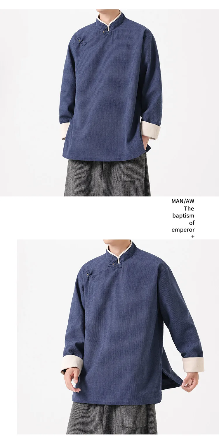 Autumn Winter Chinese Style Stand-up Collar Slanted Hanfu Jacket Loose Tang Jacket Chinese Retro Kung Fu Tai Chi Jacket Mens Top