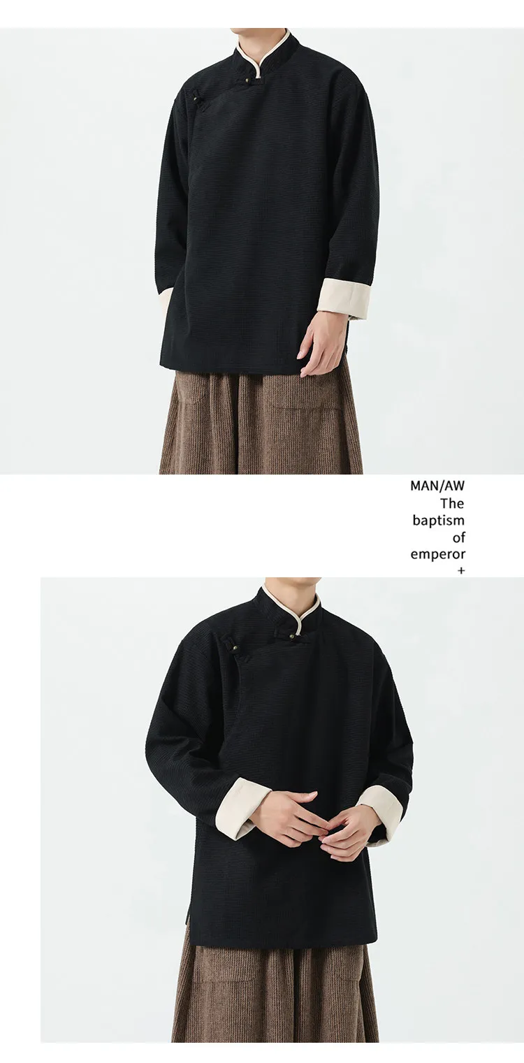 Autumn Winter Chinese Style Stand-up Collar Slanted Hanfu Jacket Loose Tang Jacket Chinese Retro Kung Fu Tai Chi Jacket Mens Top