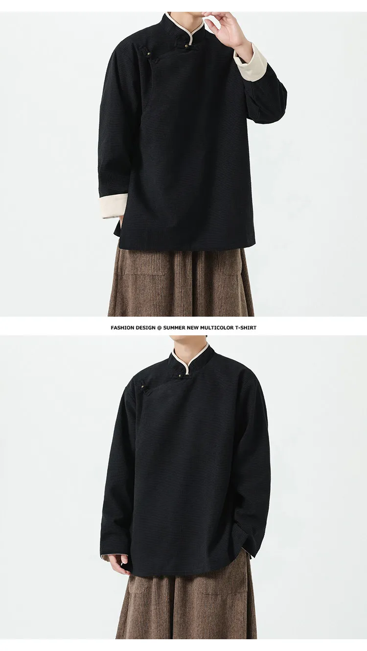 Autumn Winter Chinese Style Stand-up Collar Slanted Hanfu Jacket Loose Tang Jacket Chinese Retro Kung Fu Tai Chi Jacket Mens Top