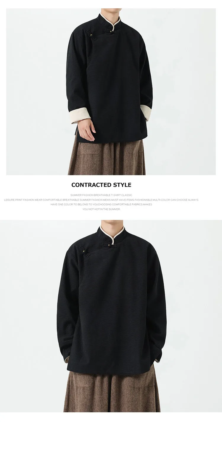 Autumn Winter Chinese Style Stand-up Collar Slanted Hanfu Jacket Loose Tang Jacket Chinese Retro Kung Fu Tai Chi Jacket Mens Top