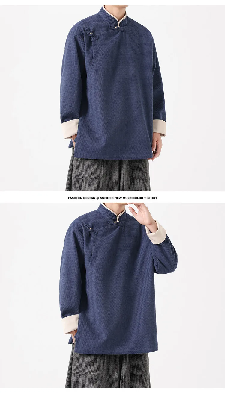 Autumn Winter Chinese Style Stand-up Collar Slanted Hanfu Jacket Loose Tang Jacket Chinese Retro Kung Fu Tai Chi Jacket Mens Top