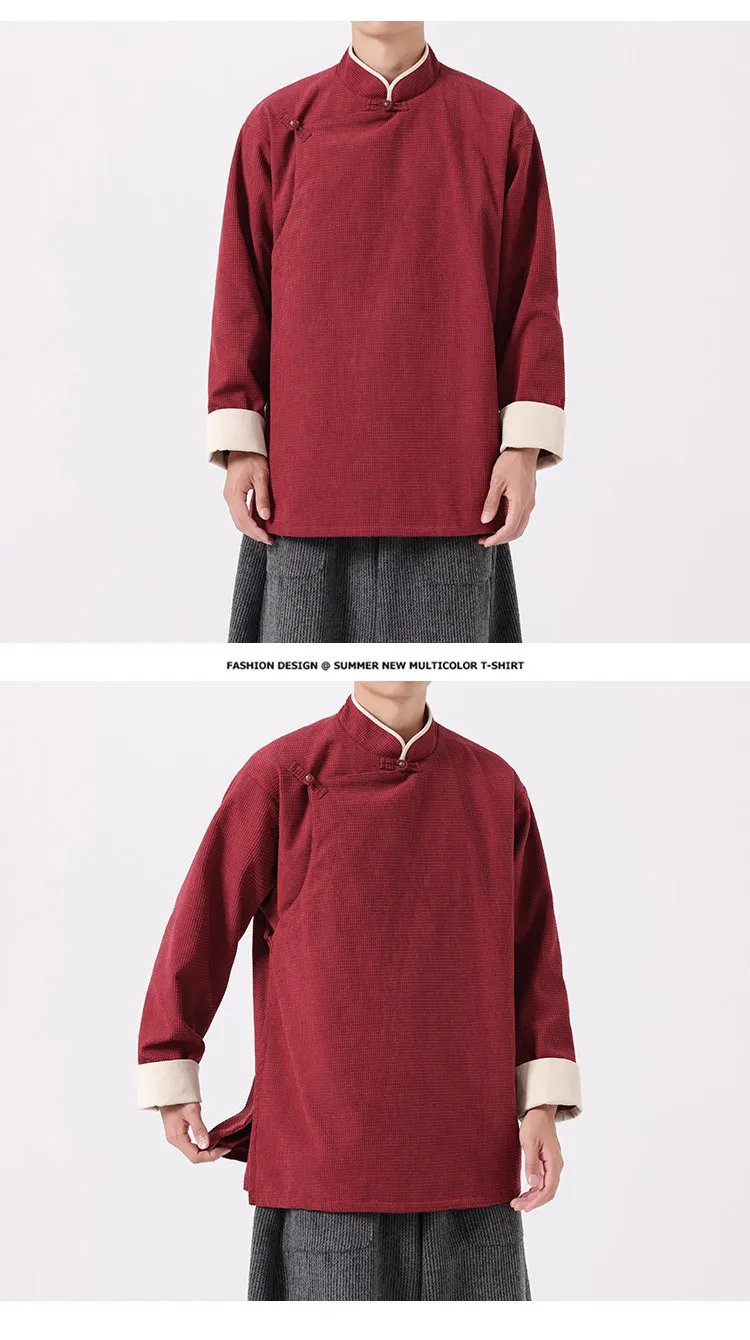 Autumn Winter Chinese Style Stand-up Collar Slanted Hanfu Jacket Loose Tang Jacket Chinese Retro Kung Fu Tai Chi Jacket Mens Top