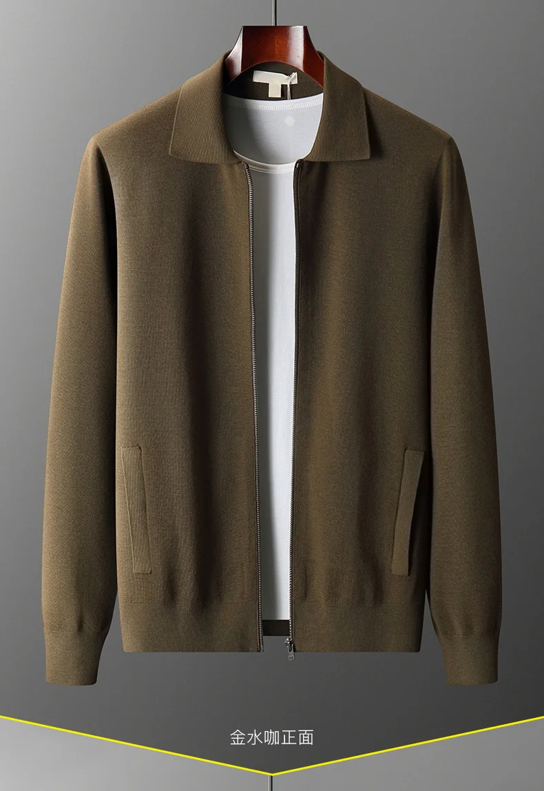 Men's Cardigan 100% Pure Cashmere Jacket Zippered Lapel Knit Sweater, Loose Thickened Long Sleeved Business Casual Autumn Winter