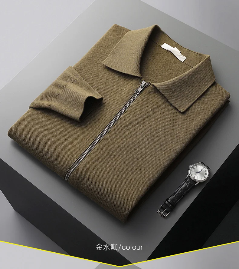 Men's Cardigan 100% Pure Cashmere Jacket Zippered Lapel Knit Sweater, Loose Thickened Long Sleeved Business Casual Autumn Winter