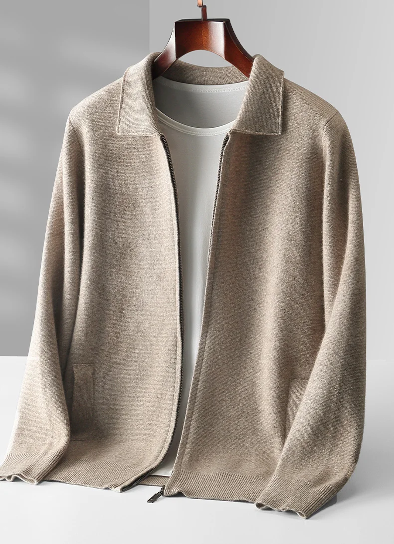 Men's Cardigan 100% Pure Cashmere Jacket Zippered Lapel Knit Sweater, Loose Thickened Long Sleeved Business Casual Autumn Winter
