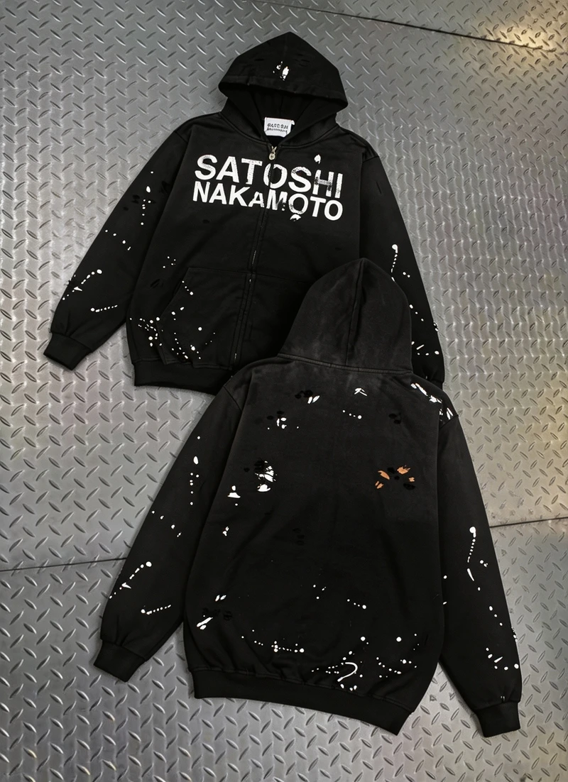 2XL SATOSHI NAKAMOTO Jacket Street Splashed Ink Classic Retro Letter Print Washed Worn Zipper Hooded Sweatshirt Men Wom Hoodyen