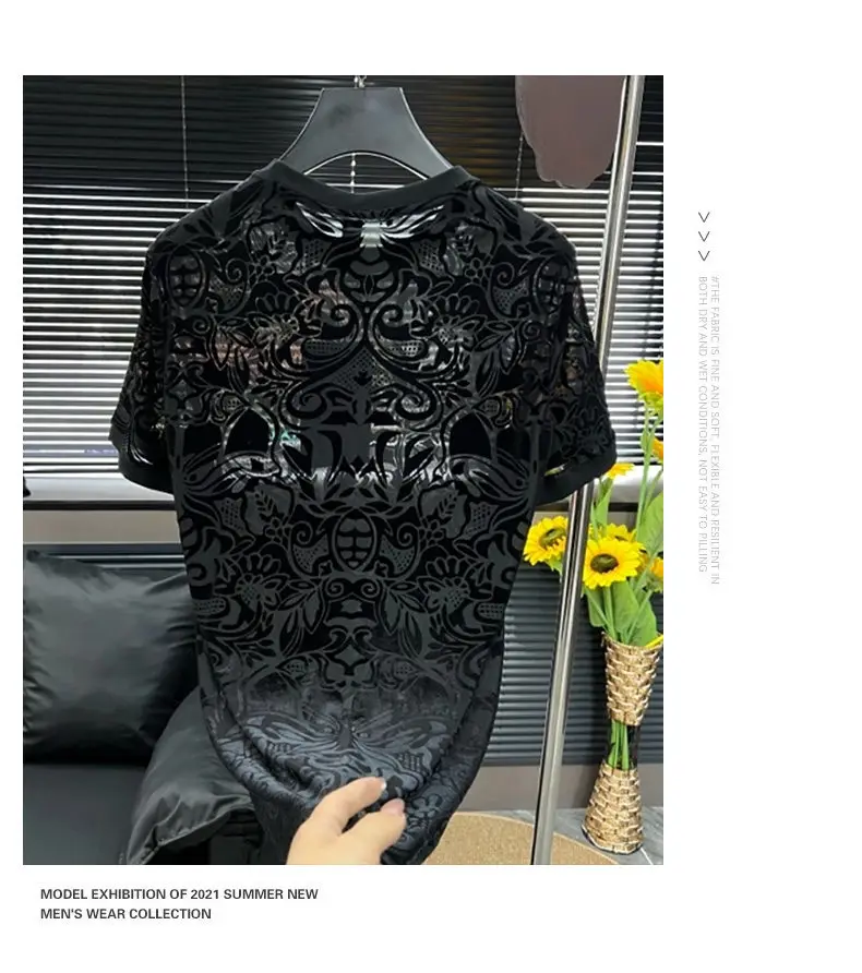 Trendy Jacquard Hollow T-shirts Men Ice Silk Breathable See Through Round Neck T-shirt Short Sleeve Casual Social Nightclub Tee