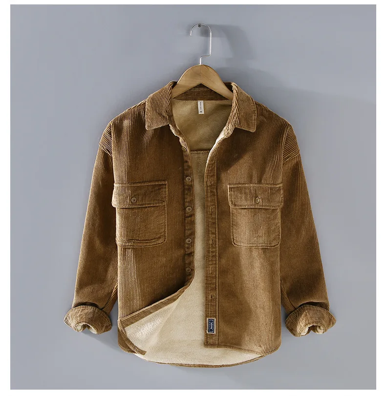 Harajuku Winter Mens Shirts Daily Casual Fleece Warm Top Solid Color Corduroy Long Sleeve Shirt with Pockets Loose Vintage Shirt
