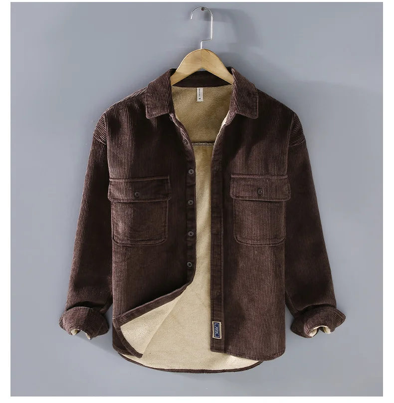 Harajuku Winter Mens Shirts Daily Casual Fleece Warm Top Solid Color Corduroy Long Sleeve Shirt with Pockets Loose Vintage Shirt