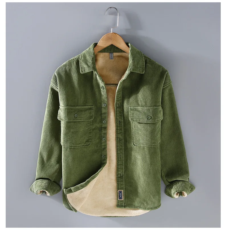 Harajuku Winter Mens Shirts Daily Casual Fleece Warm Top Solid Color Corduroy Long Sleeve Shirt with Pockets Loose Vintage Shirt