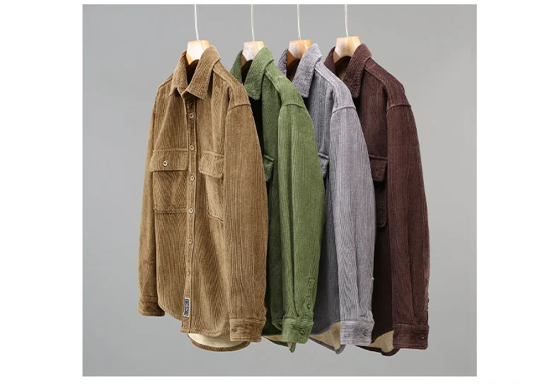 Harajuku Winter Mens Shirts Daily Casual Fleece Warm Top Solid Color Corduroy Long Sleeve Shirt with Pockets Loose Vintage Shirt