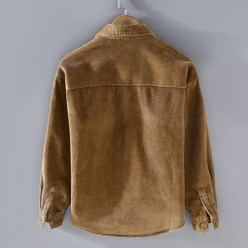 Harajuku Winter Mens Shirts Daily Casual Fleece Warm Top Solid Color Corduroy Long Sleeve Shirt with Pockets Loose Vintage Shirt