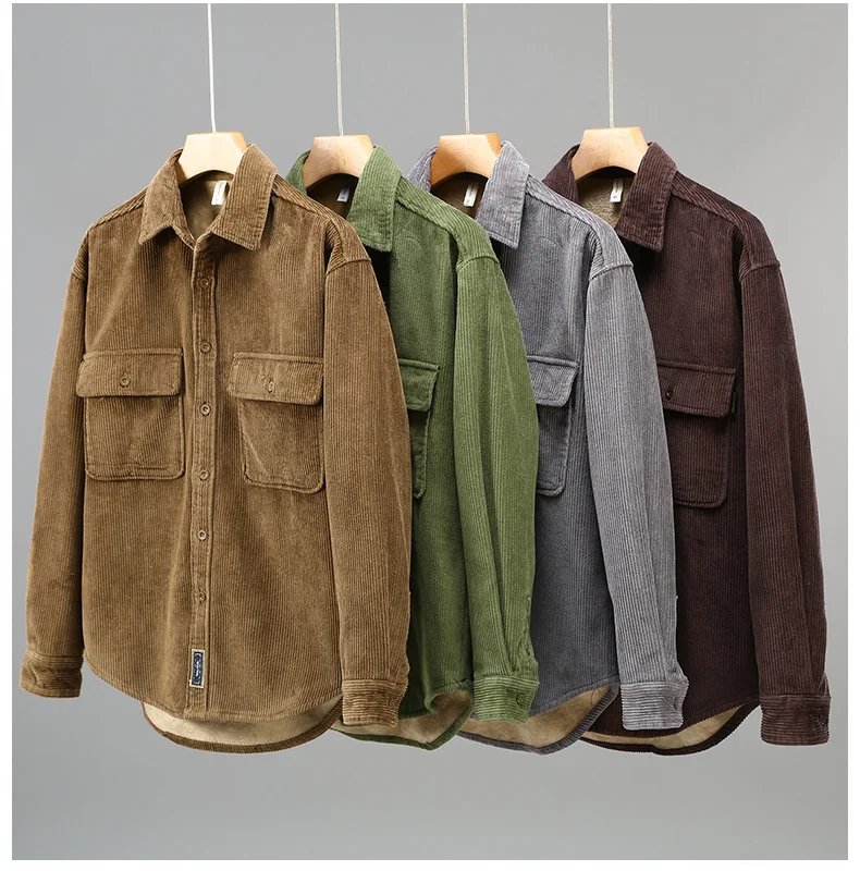 Harajuku Winter Mens Shirts Daily Casual Fleece Warm Top Solid Color Corduroy Long Sleeve Shirt with Pockets Loose Vintage Shirt
