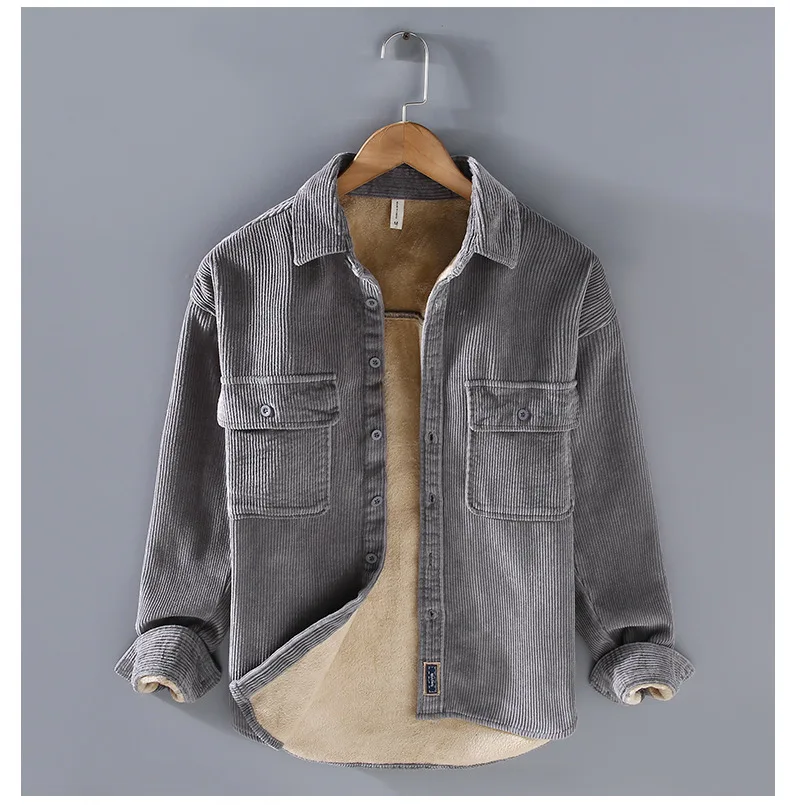Harajuku Winter Mens Shirts Daily Casual Fleece Warm Top Solid Color Corduroy Long Sleeve Shirt with Pockets Loose Vintage Shirt