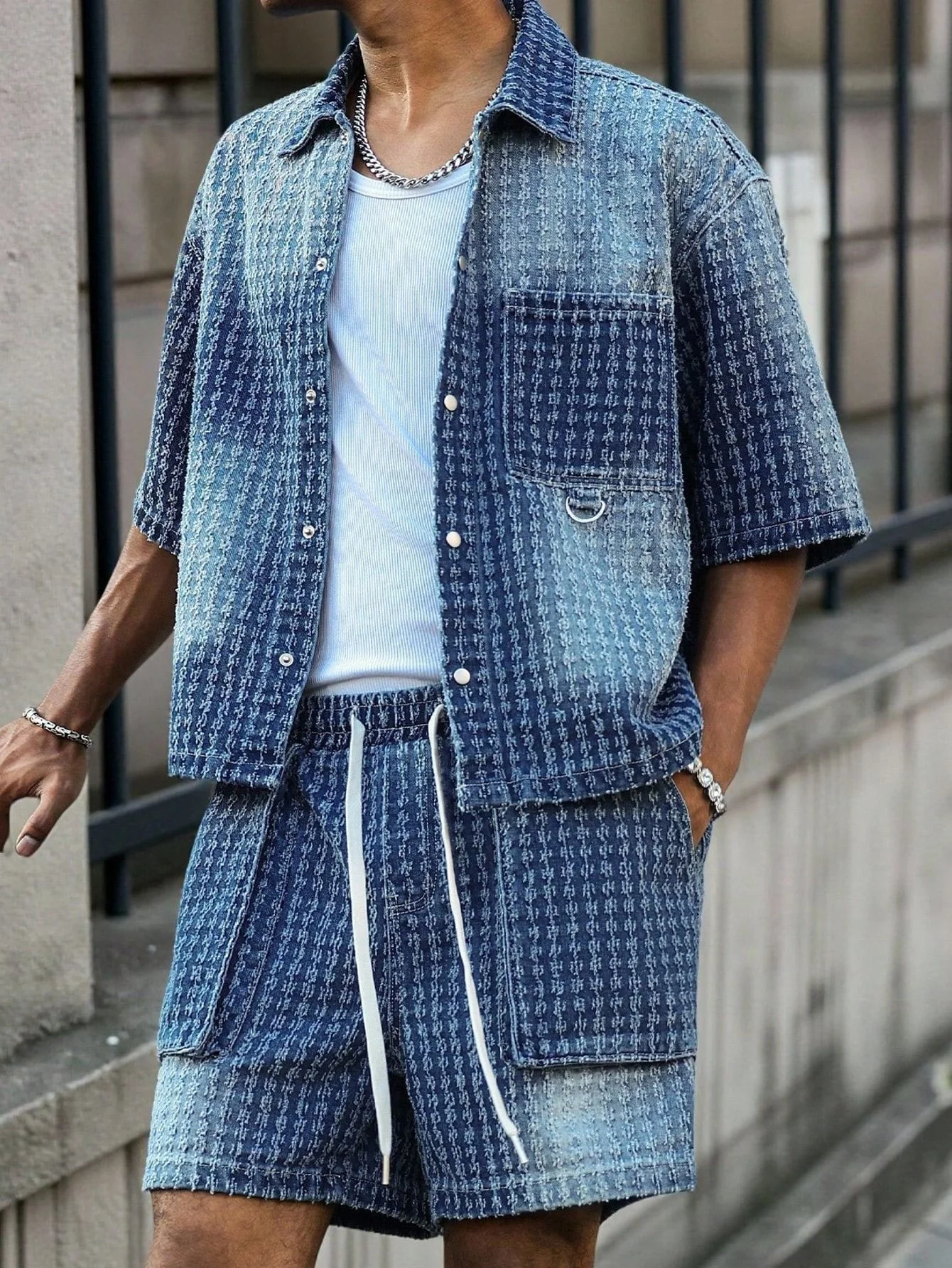 Men's Jacquard Textured Gradient Washed Denim Matching Set, Short Sleeve Button Down Shirt & Drawstring Cargo Shorts