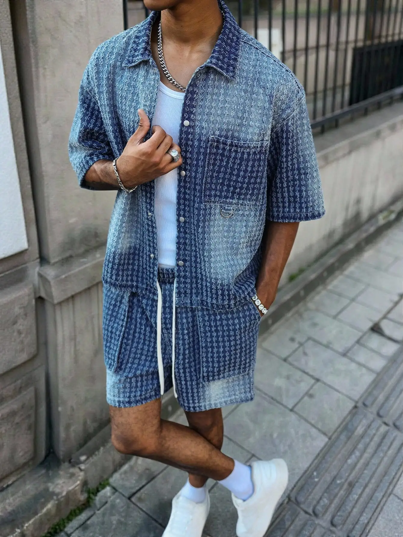 Men's Jacquard Textured Gradient Washed Denim Matching Set, Short Sleeve Button Down Shirt & Drawstring Cargo Shorts