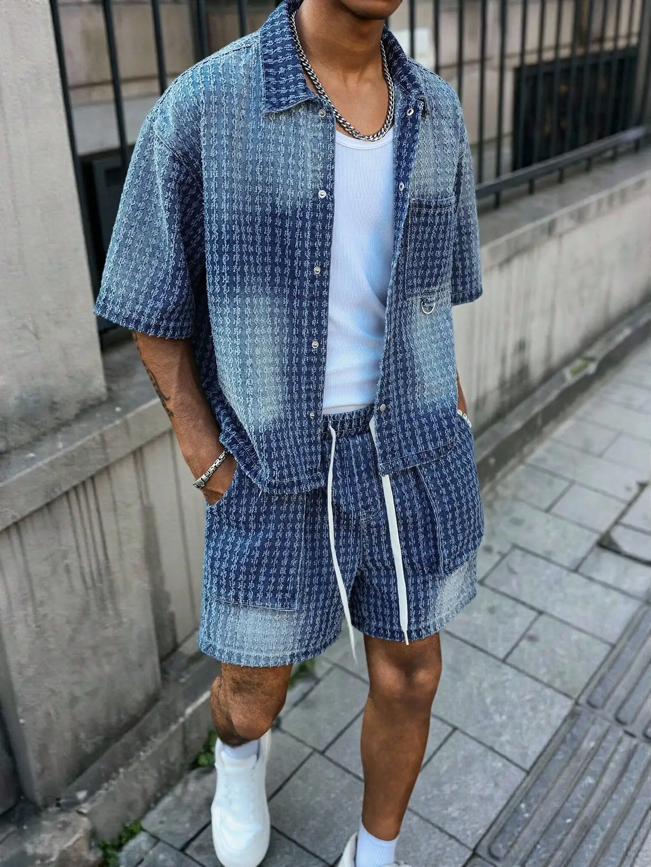 Men's Jacquard Textured Gradient Washed Denim Matching Set, Short Sleeve Button Down Shirt & Drawstring Cargo Shorts
